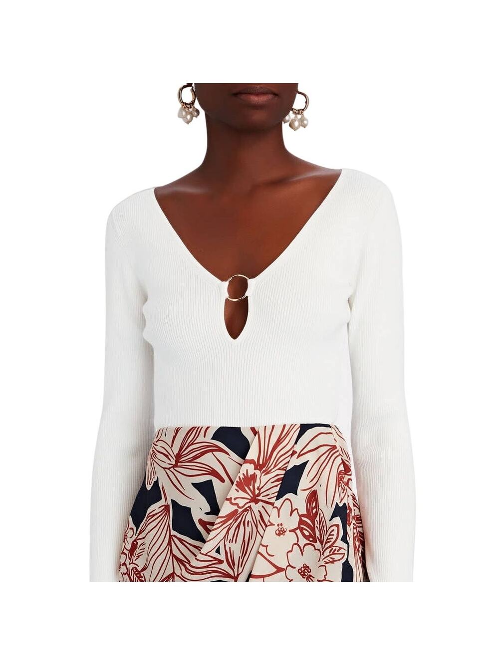 Intermix Long Sleeve Top NEW Henrietta V Neck Ring Ribbed Cream Size Small NEW